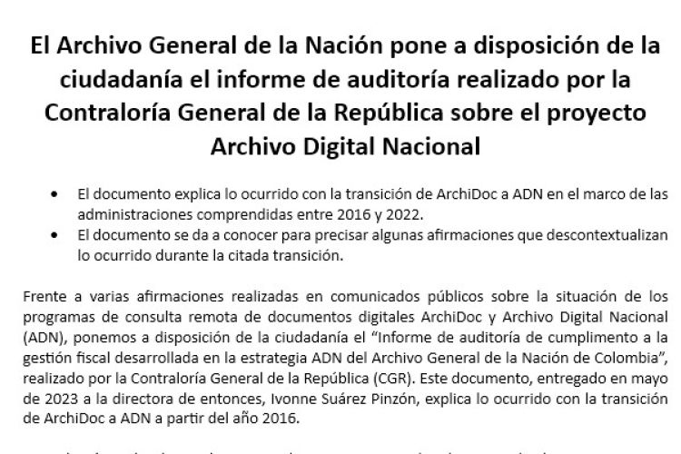 El Archivo General de la Nación pone a disposición de la ciudadanía el informe de auditoría realizado por la Contraloría General de la República sobre el proyecto Archivo Digital Nacional
