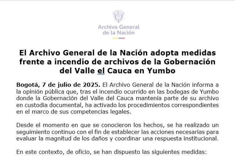 El Archivo General de la Nación adopta medidas frente a incendio de archivos de la Gobernación del Valle el Cauca en Yumbo 
