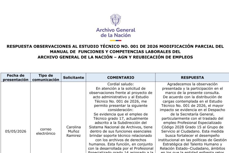 Respuesta observaciones al estudio técnico no. 001 de 2026 modificación parcial del manual de  funciones y competencias laborales del AGN y reubicación de empleos