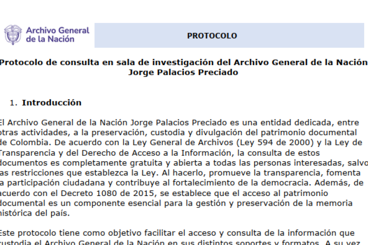 Protocolo de consulta en sala de investigación del Archivo General de la Nación  Jorge Palacios Preciado 