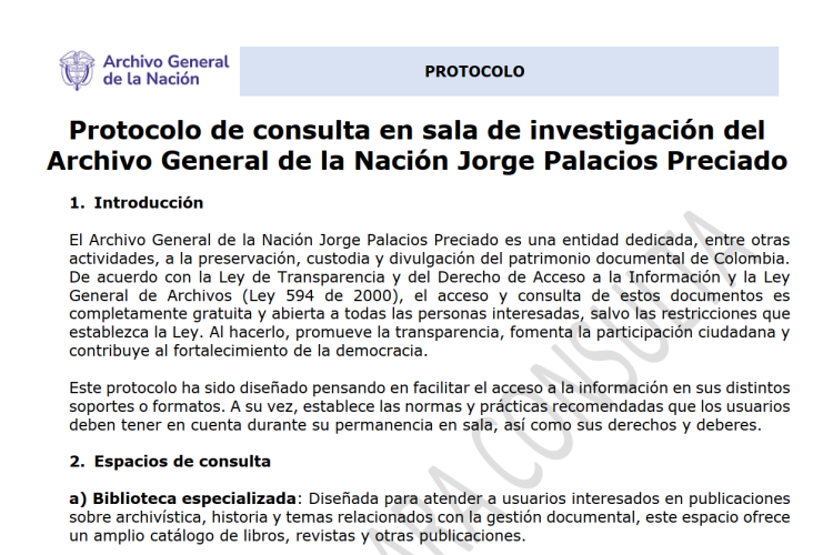 Protocolo de consulta en sala de investigación del Archivo General de la Nación Jorge Palacios Preciado